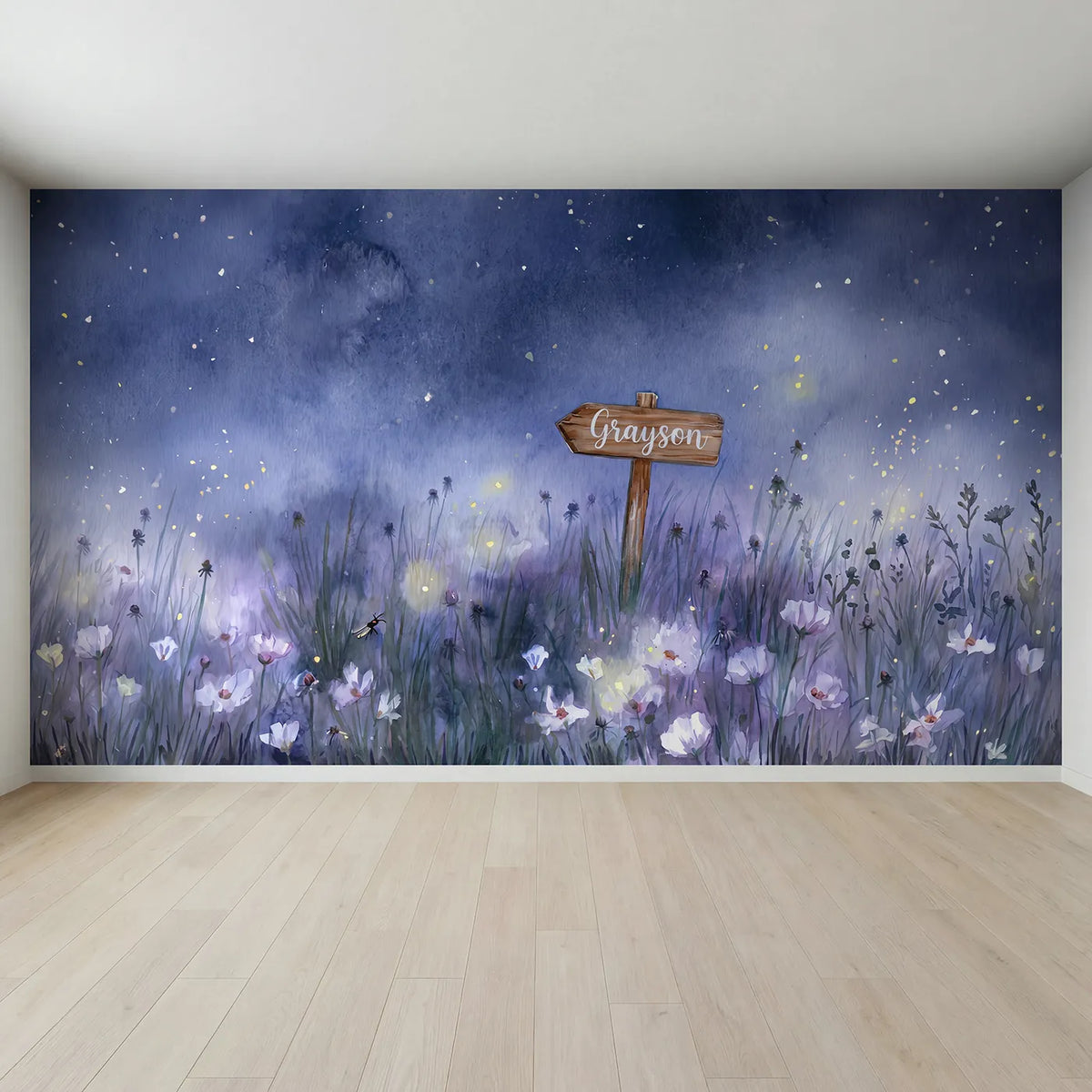 Full view of Dreamy Firefly Evening Personalized Wall Mural by Whimsy Tots