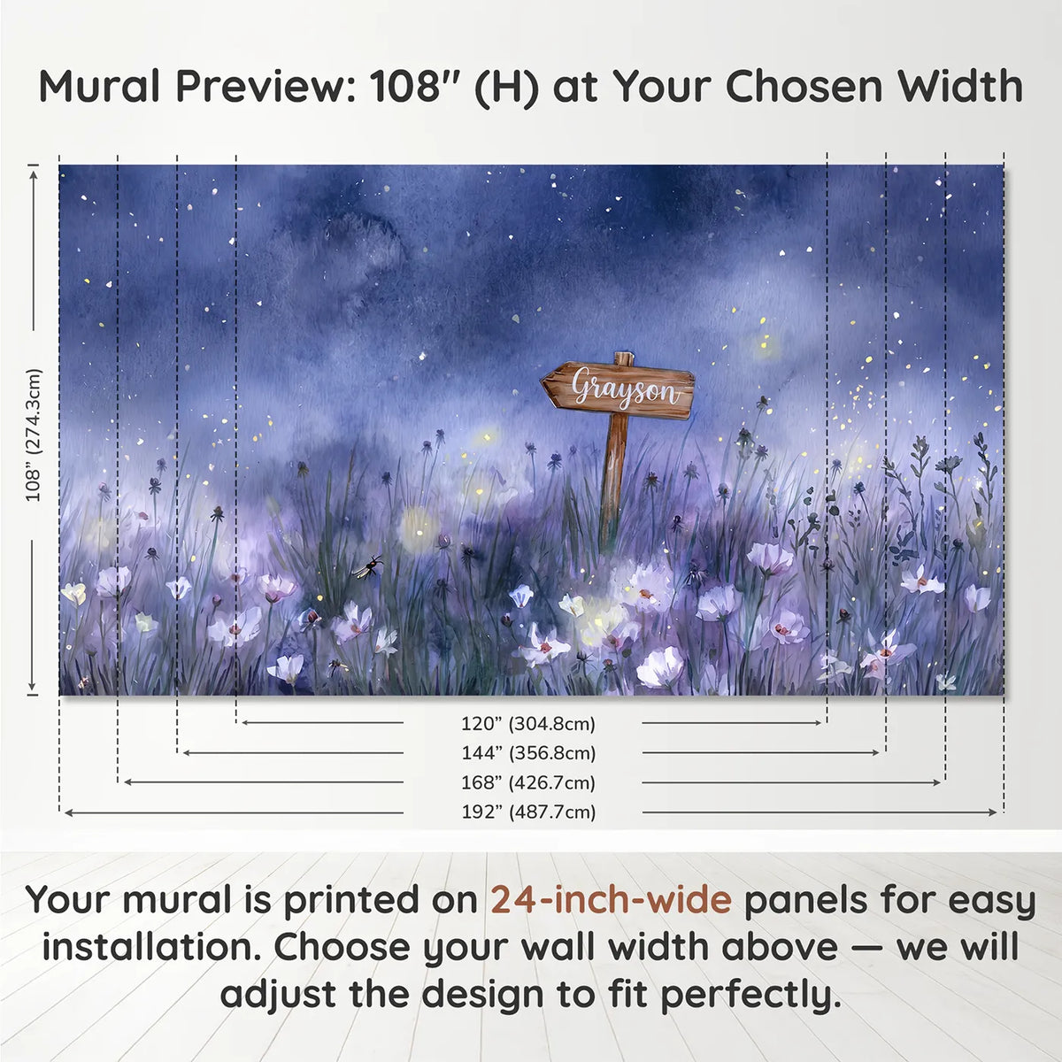 Panel layout and dimensions for Dreamy Firefly Evening Personalized Wall Mural by Whimsy Tots
