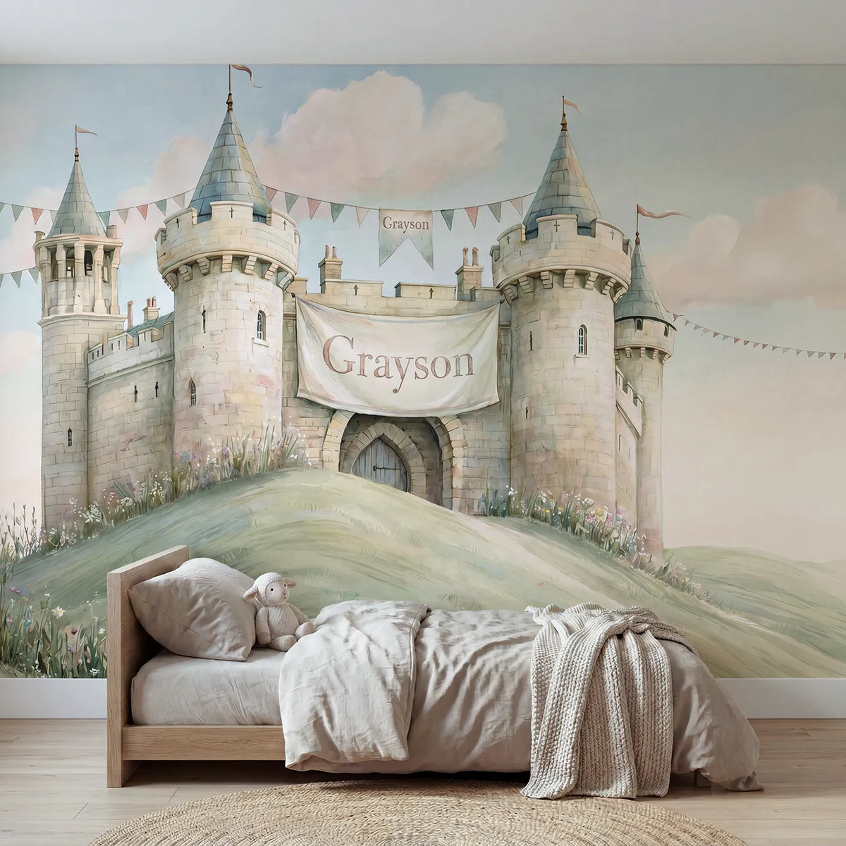Storybook royal castle personalized wall mural with name banners for a bedroom by Whimsy Tots