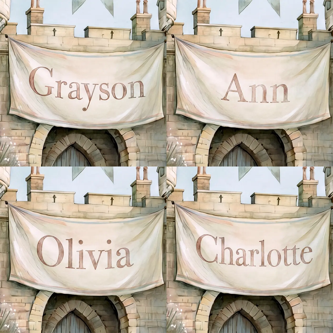 Four name preview examples of Royal Castle Banner Personalized Wall Mural by Whimsy Tots