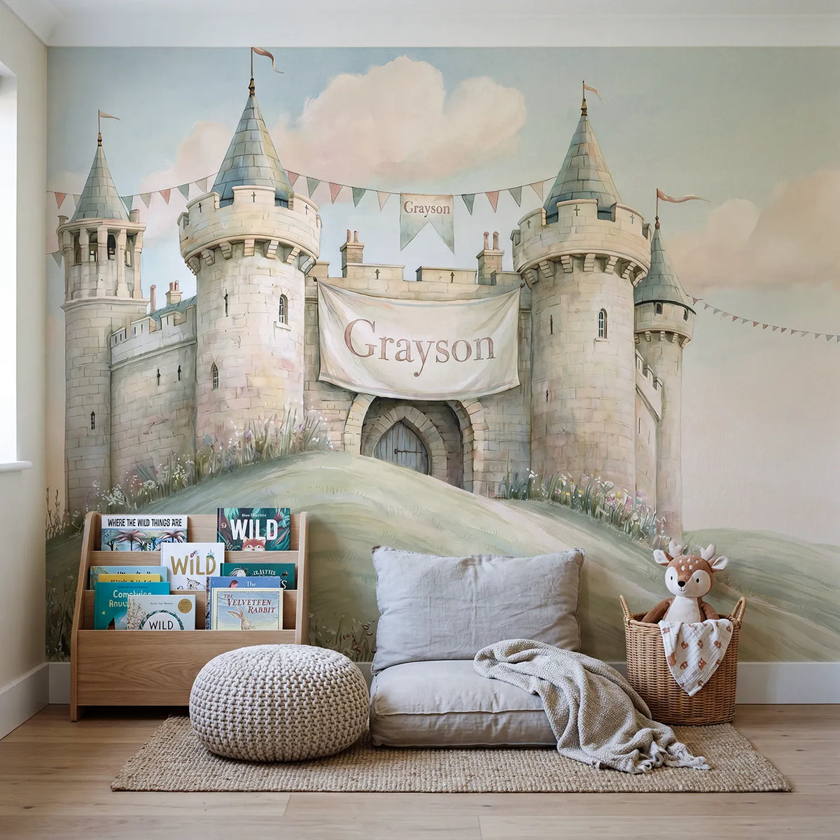 Royal Castle Banner Personalized Wall Mural in playroom setting by Whimsy Tots