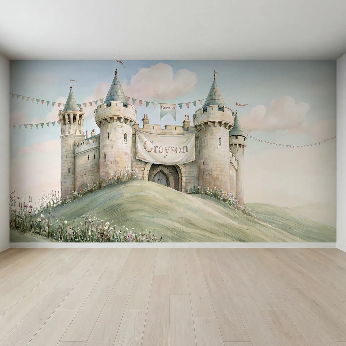 Full view of Royal Castle Banner Personalized Wall Mural by Whimsy Tots