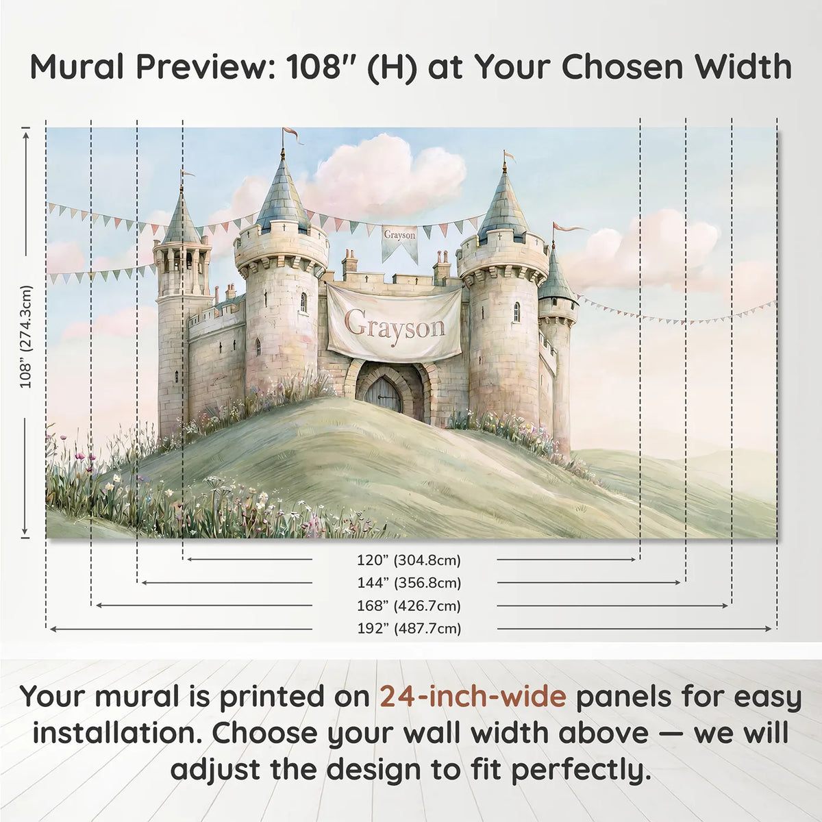 Panel layout and dimensions for Royal Castle Banner Personalized Wall Mural by Whimsy Tots