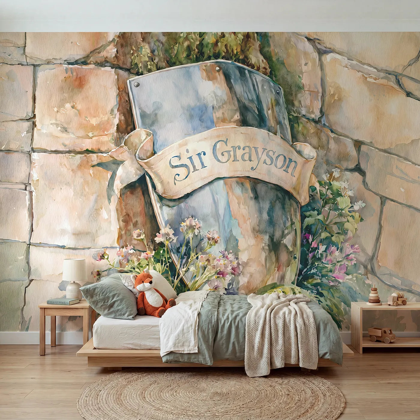 Watercolor knight shield personalized wall mural with name band for a boys room by Whimsy Tots