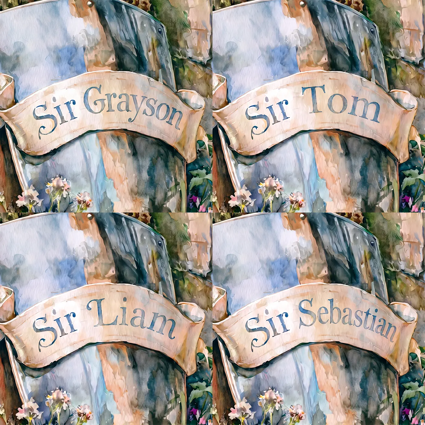 Four name preview examples of Heraldic Knight Shield Personalized Wall Mural by Whimsy Tots