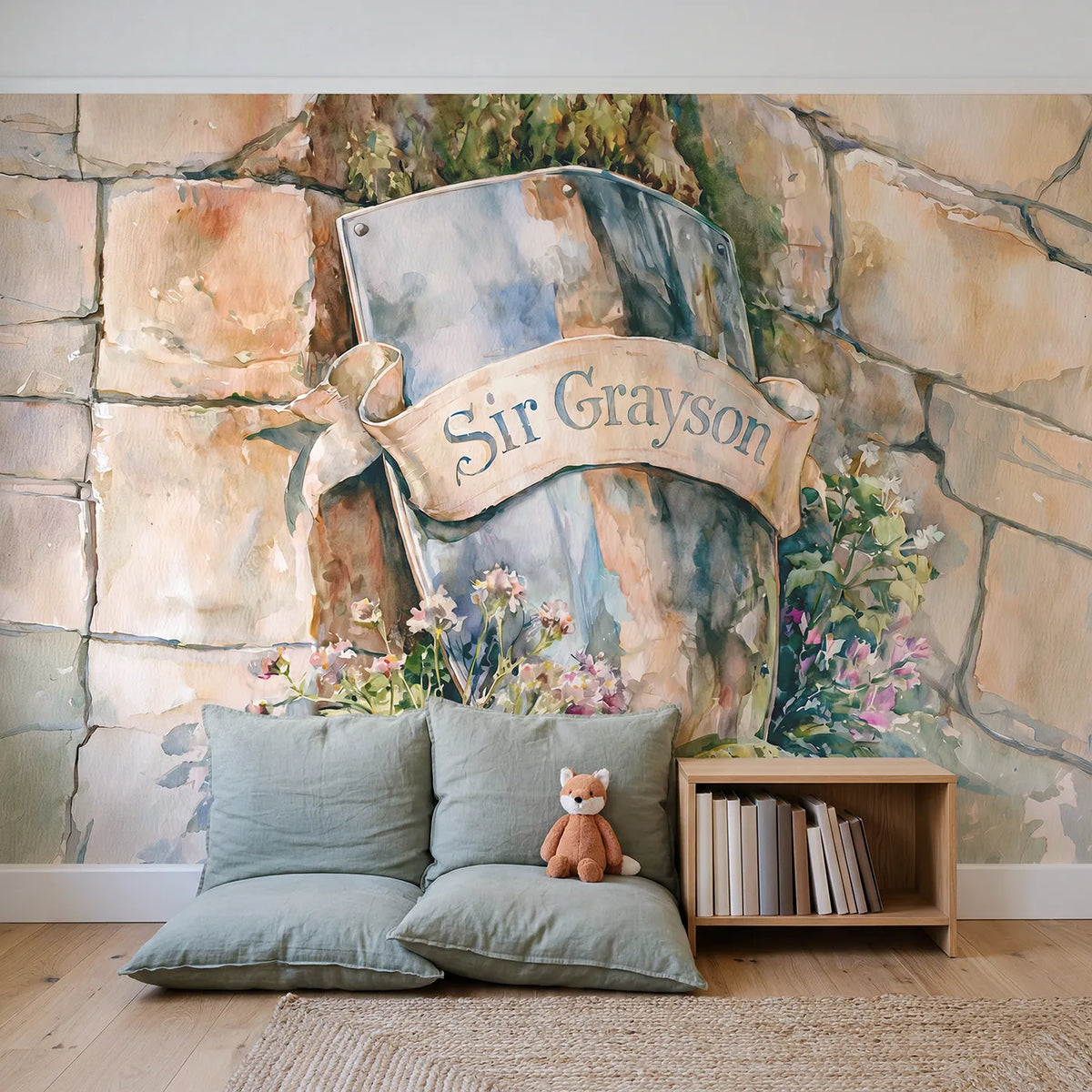 Heraldic Knight Shield Personalized Wall Mural in playroom setting by Whimsy Tots