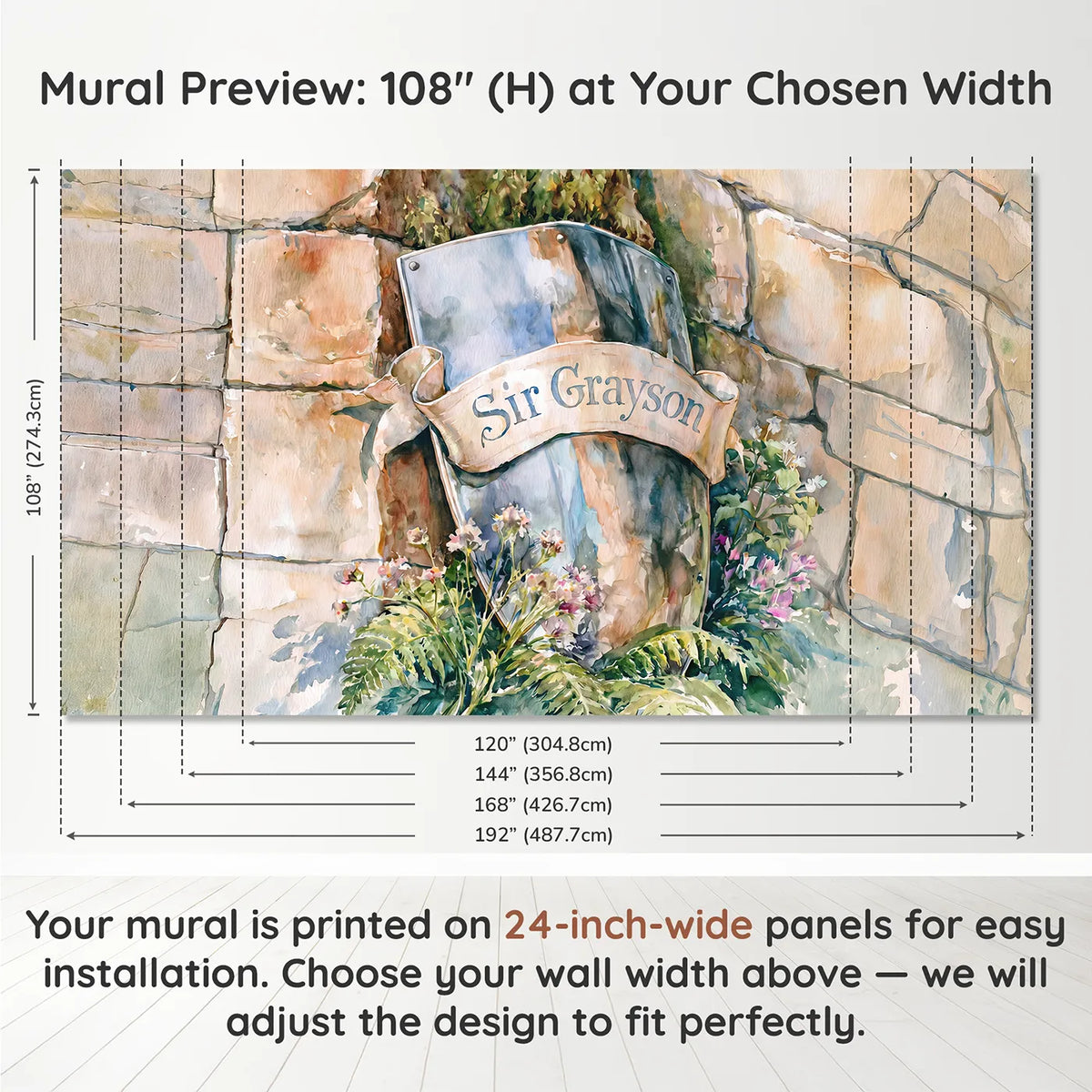 Panel layout and dimensions for Heraldic Knight Shield Personalized Wall Mural by Whimsy Tots