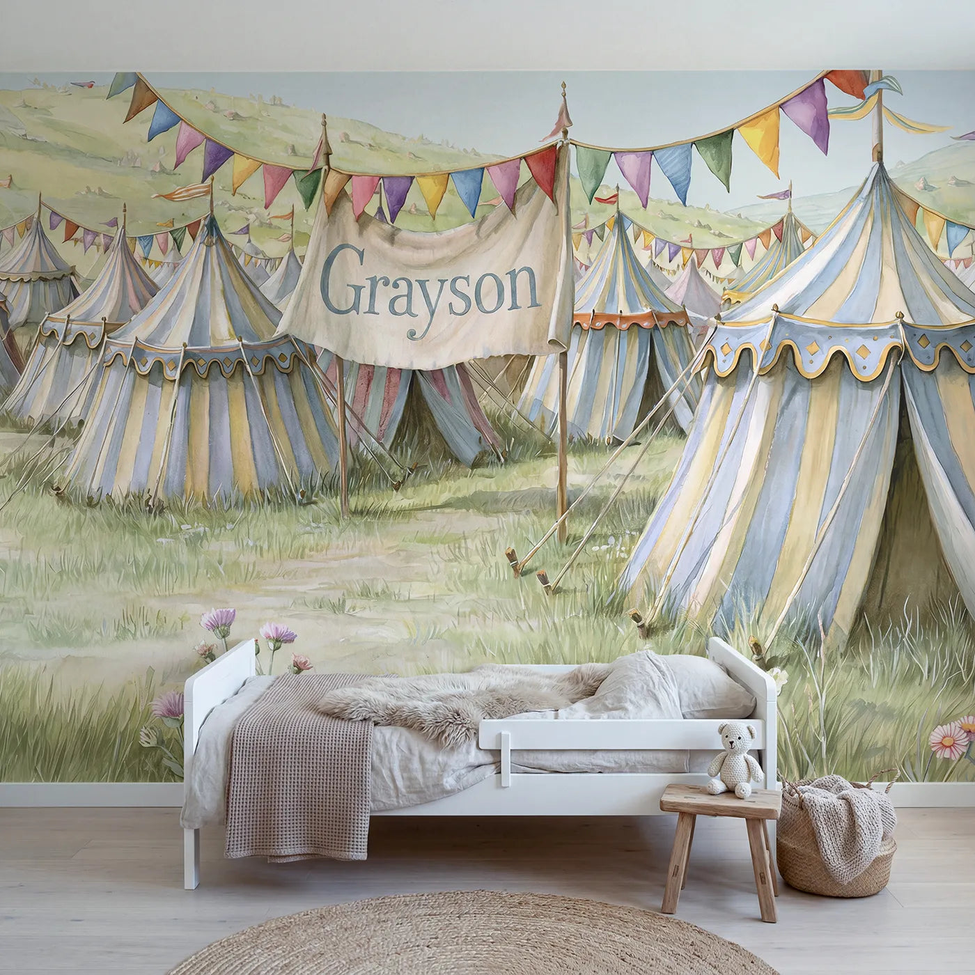 Storybook tournament bunting personalized wall mural with name banner for a kids room by Whimsy Tots