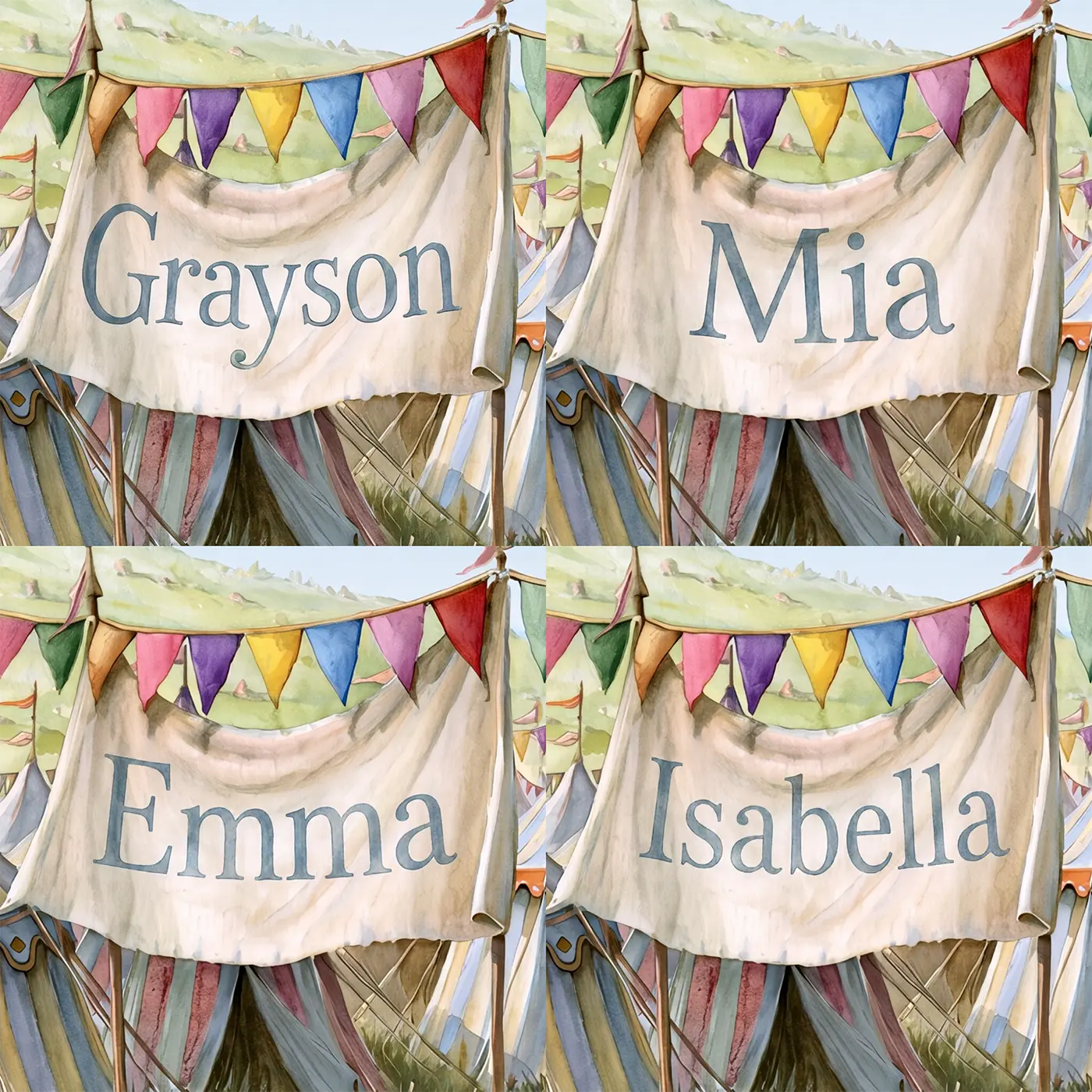 Four name preview examples of Castle Pennant Bunting Personalized Wall Mural by Whimsy Tots