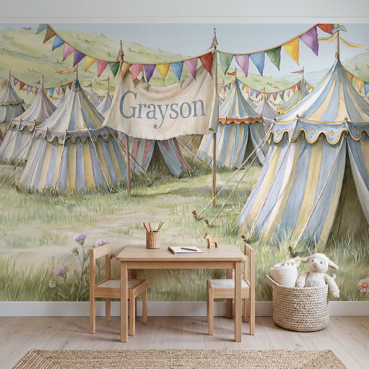 Castle Pennant Bunting Personalized Wall Mural in playroom setting by Whimsy Tots