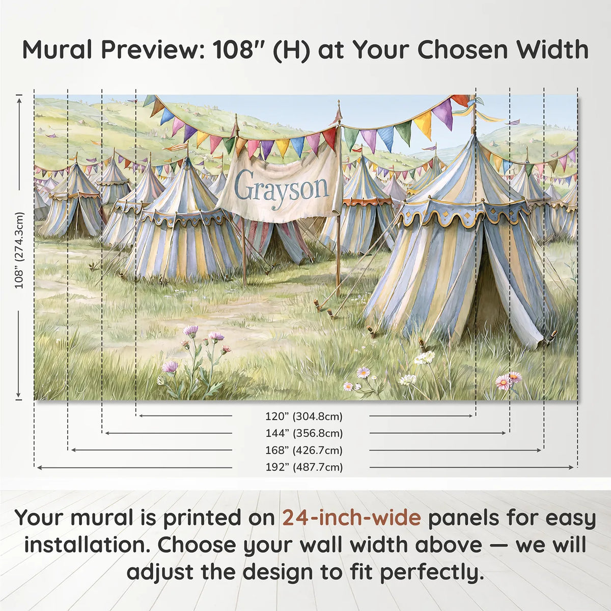Panel layout and dimensions for Castle Pennant Bunting Personalized Wall Mural by Whimsy Tots