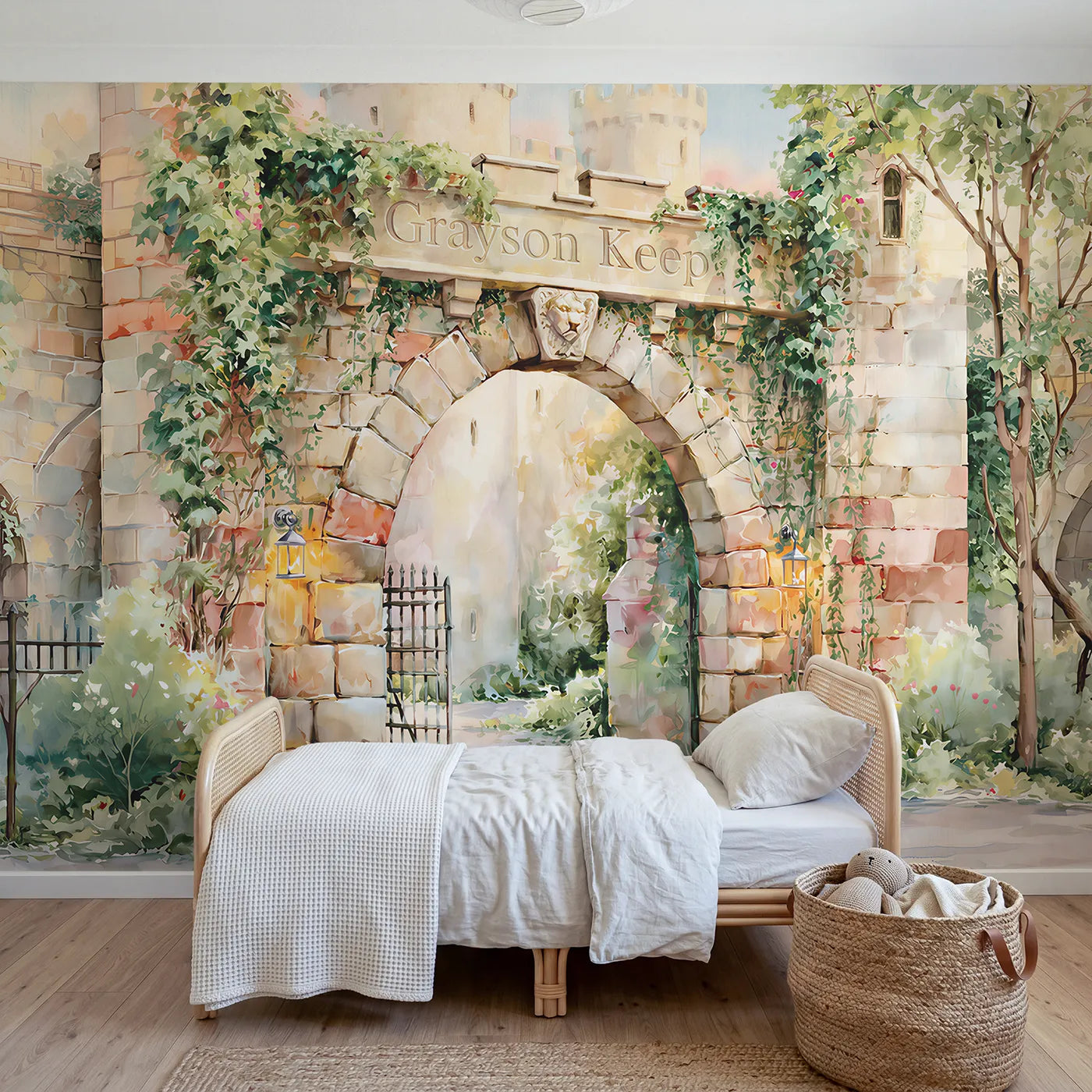 Watercolor castle gateway personalized wall mural with name keystone for a bedroom by Whimsy Tots