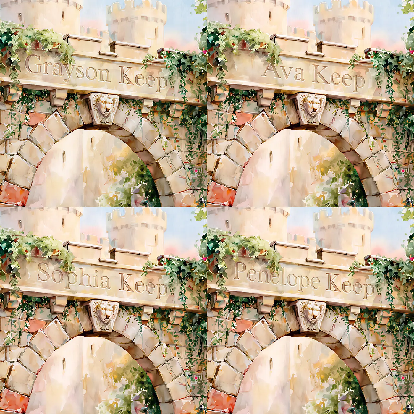 Four name preview examples of Castle Gateway Keystone Personalized Wall Mural by Whimsy Tots