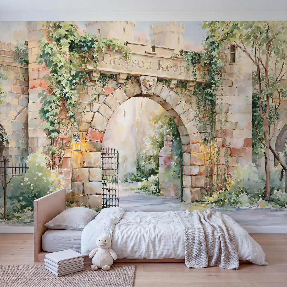 Castle Gateway Keystone Personalized Wall Mural in playroom setting by Whimsy Tots