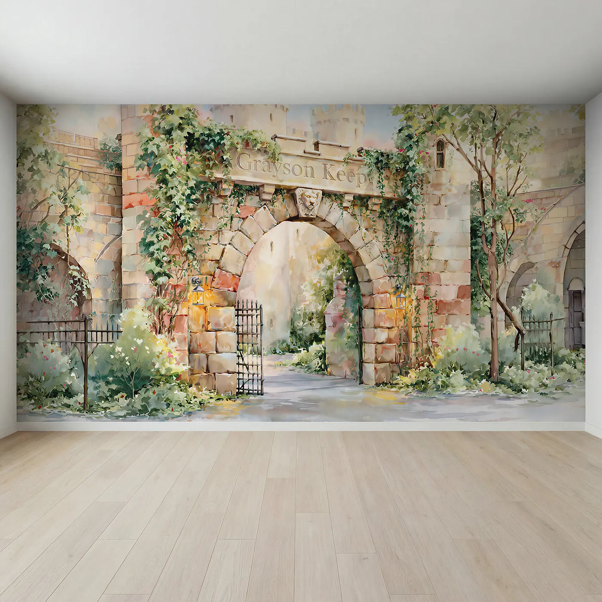 Full view of Castle Gateway Keystone Personalized Wall Mural by Whimsy Tots