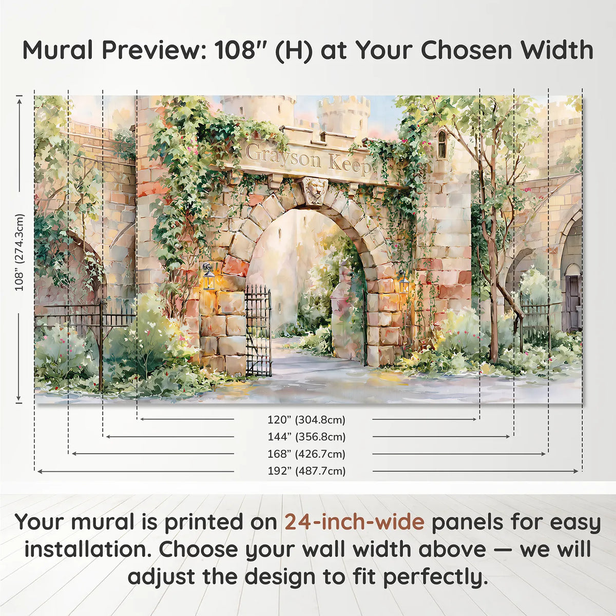 Panel layout and dimensions for Castle Gateway Keystone Personalized Wall Mural by Whimsy Tots