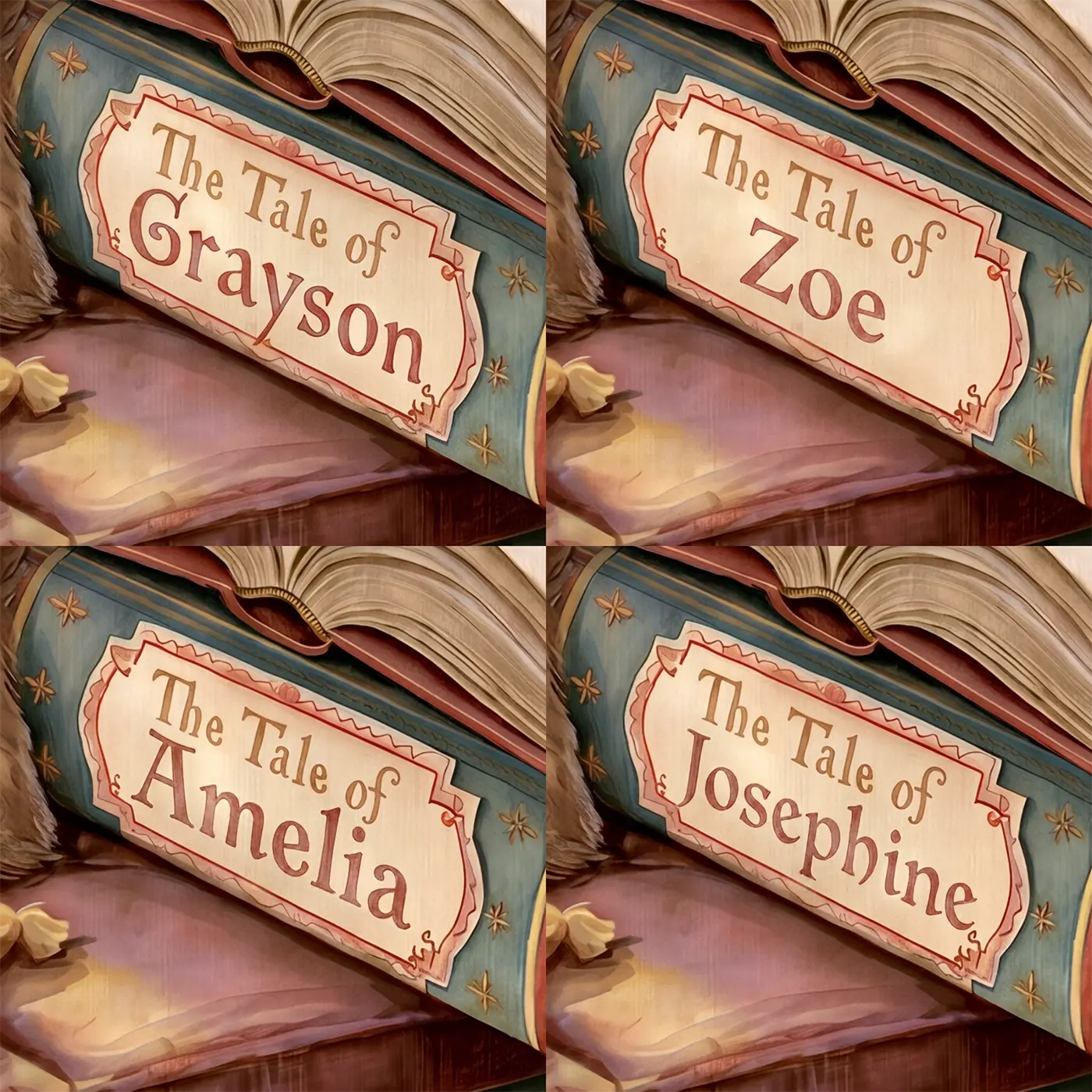 Four name preview examples of Open Storybook Castle Personalized Wall Mural by Whimsy Tots