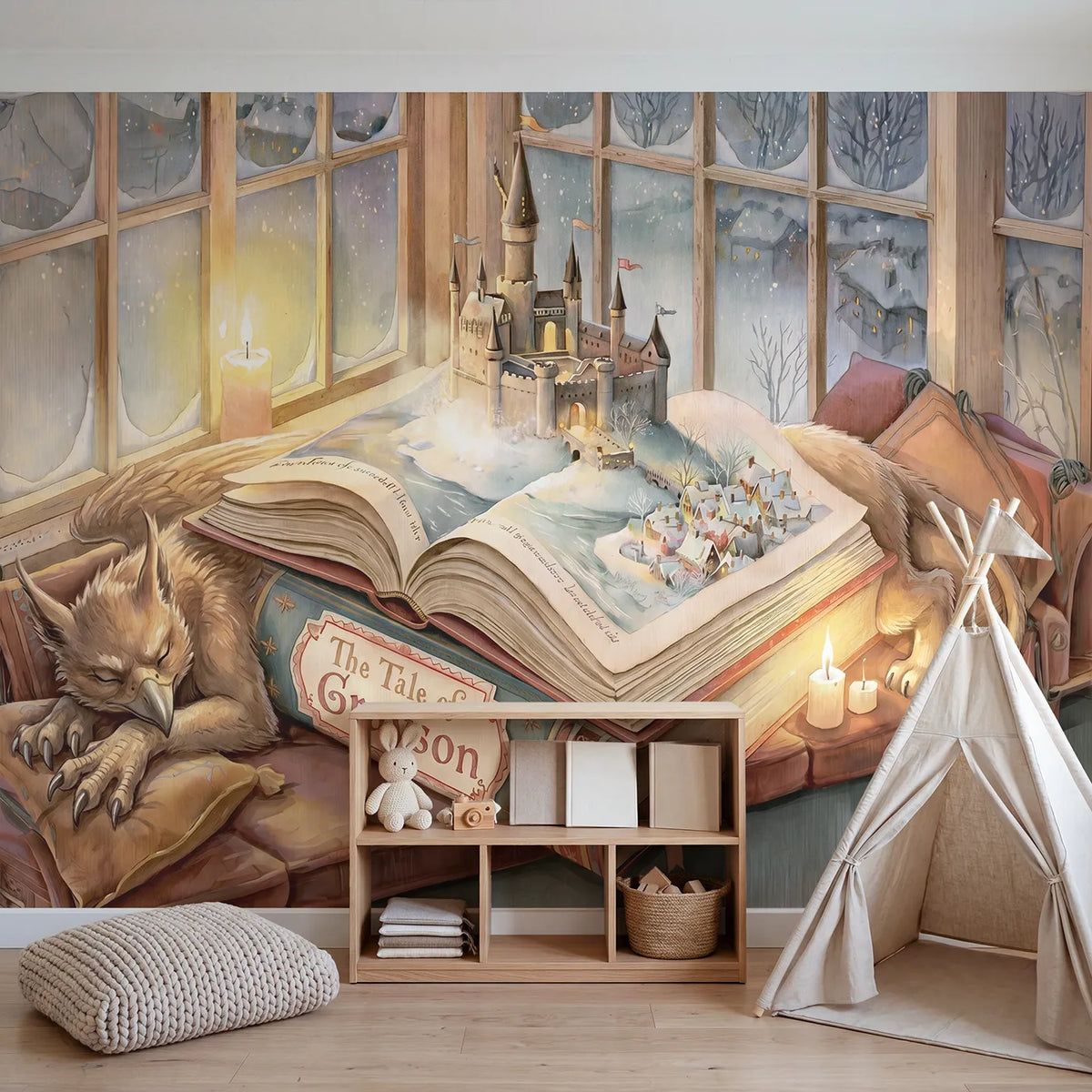 Open Storybook Castle Personalized Wall Mural in playroom setting by Whimsy Tots