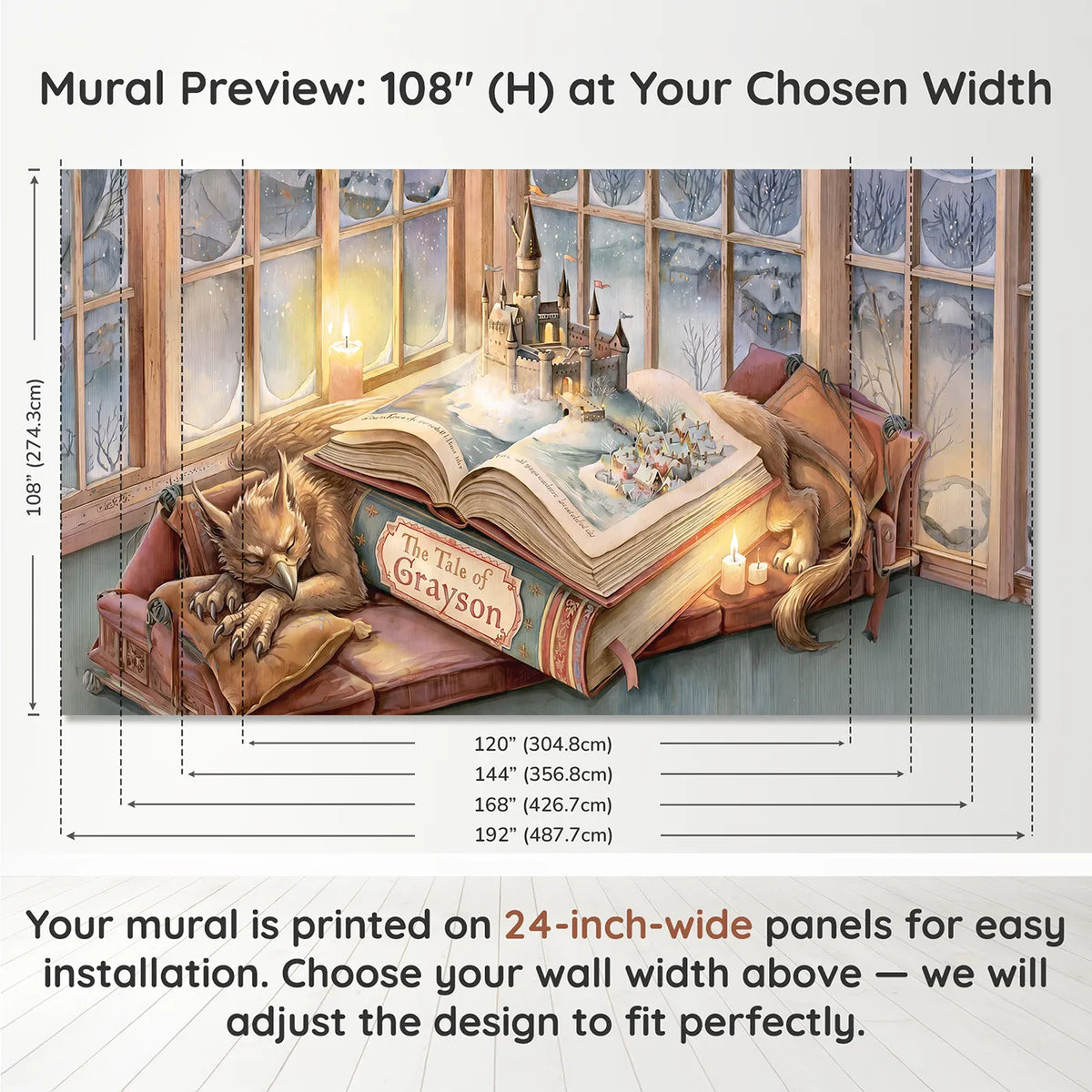 Panel layout and dimensions for Open Storybook Castle Personalized Wall Mural by Whimsy Tots