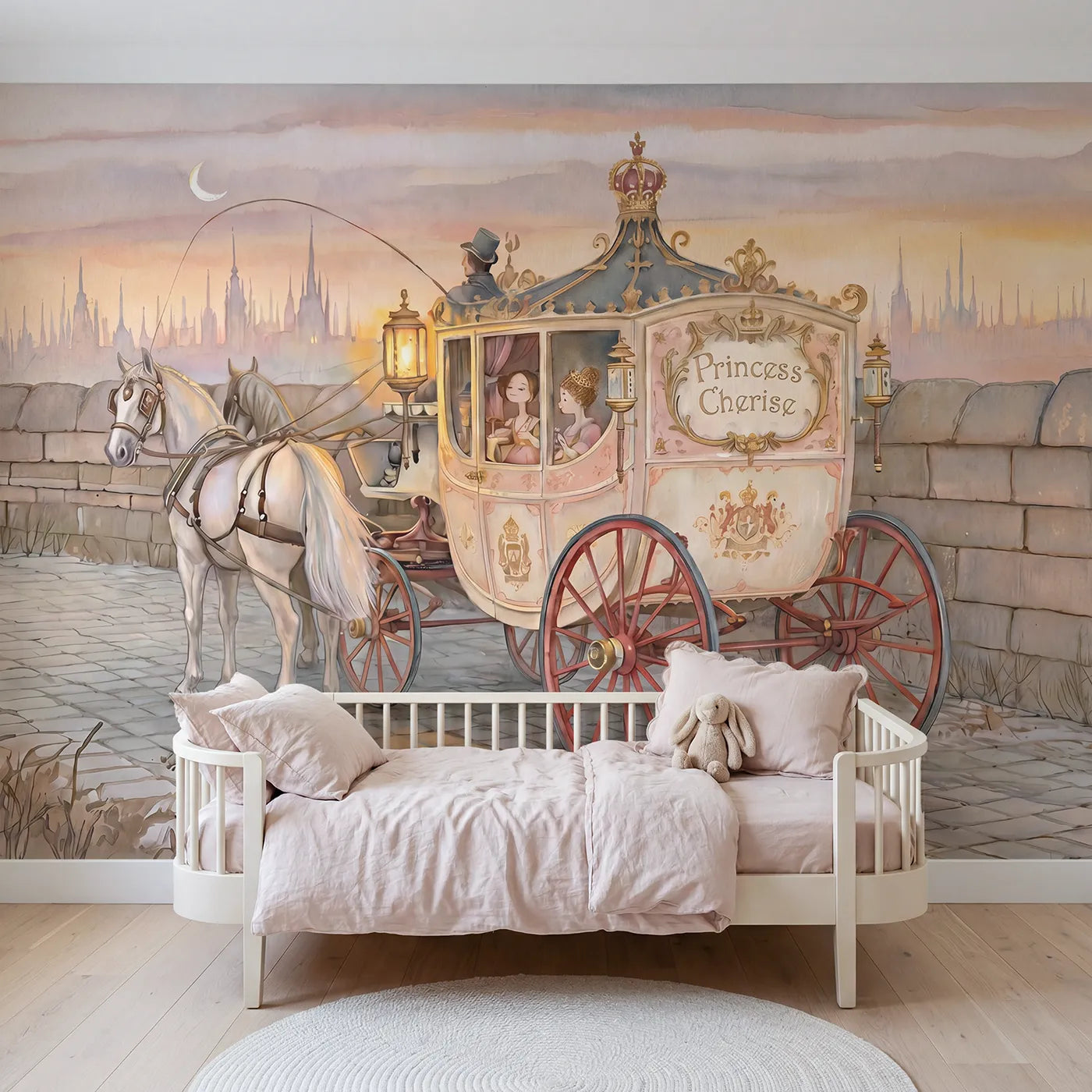 Storybook princess carriage personalized wall mural with name crest for a girls room by Whimsy Tots