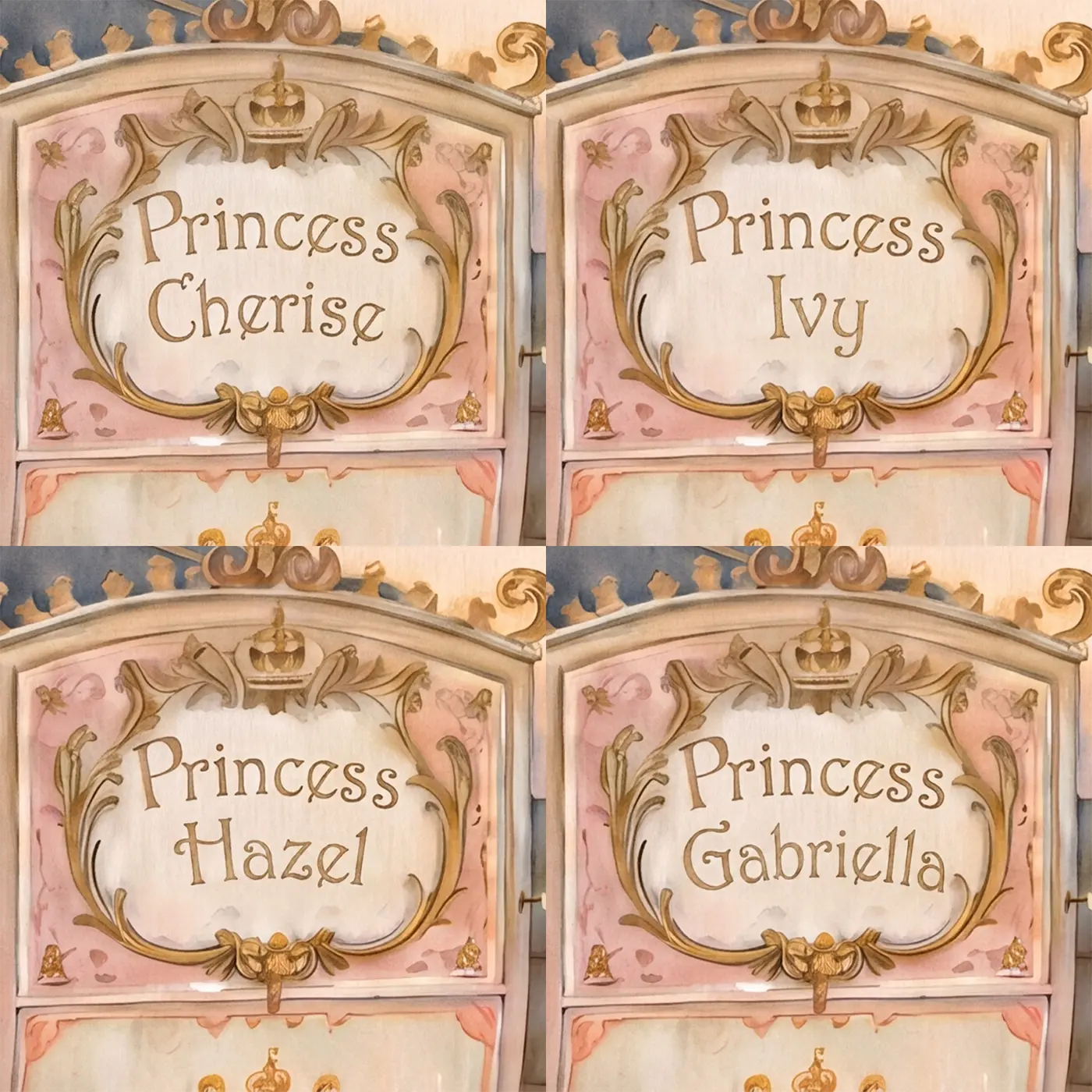 Four name preview examples of Royal Princess Carriage Personalized Wall Mural by Whimsy Tots