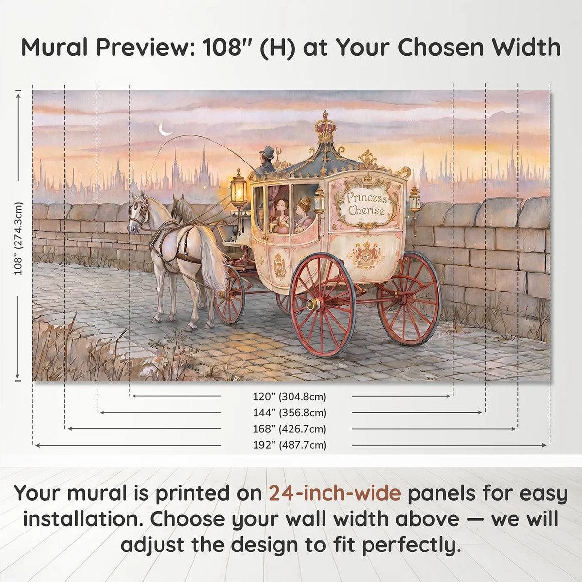 Panel layout and dimensions for Royal Princess Carriage Personalized Wall Mural by Whimsy Tots