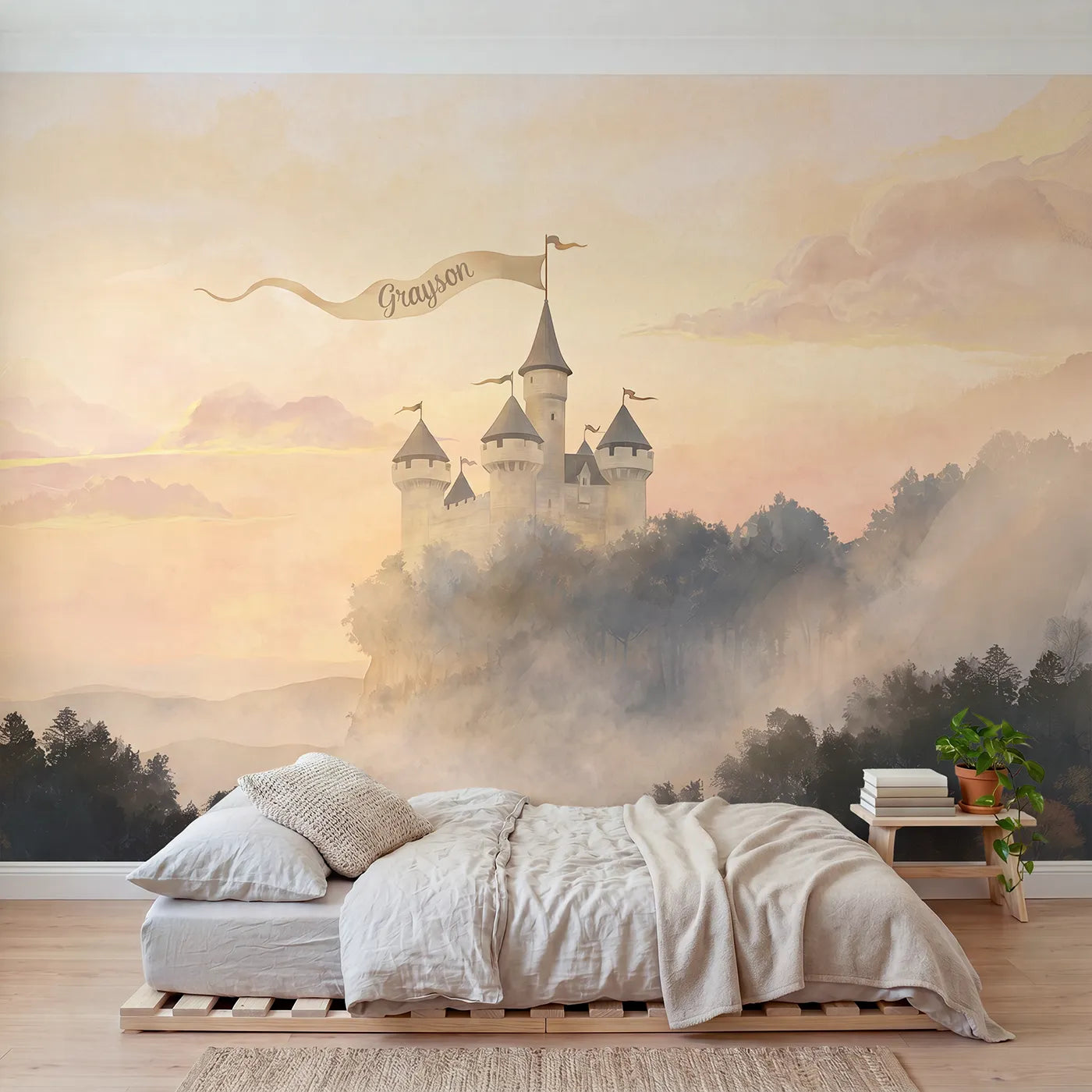 Watercolor sunrise castle personalized wall mural with name flag for a bedroom by Whimsy Tots