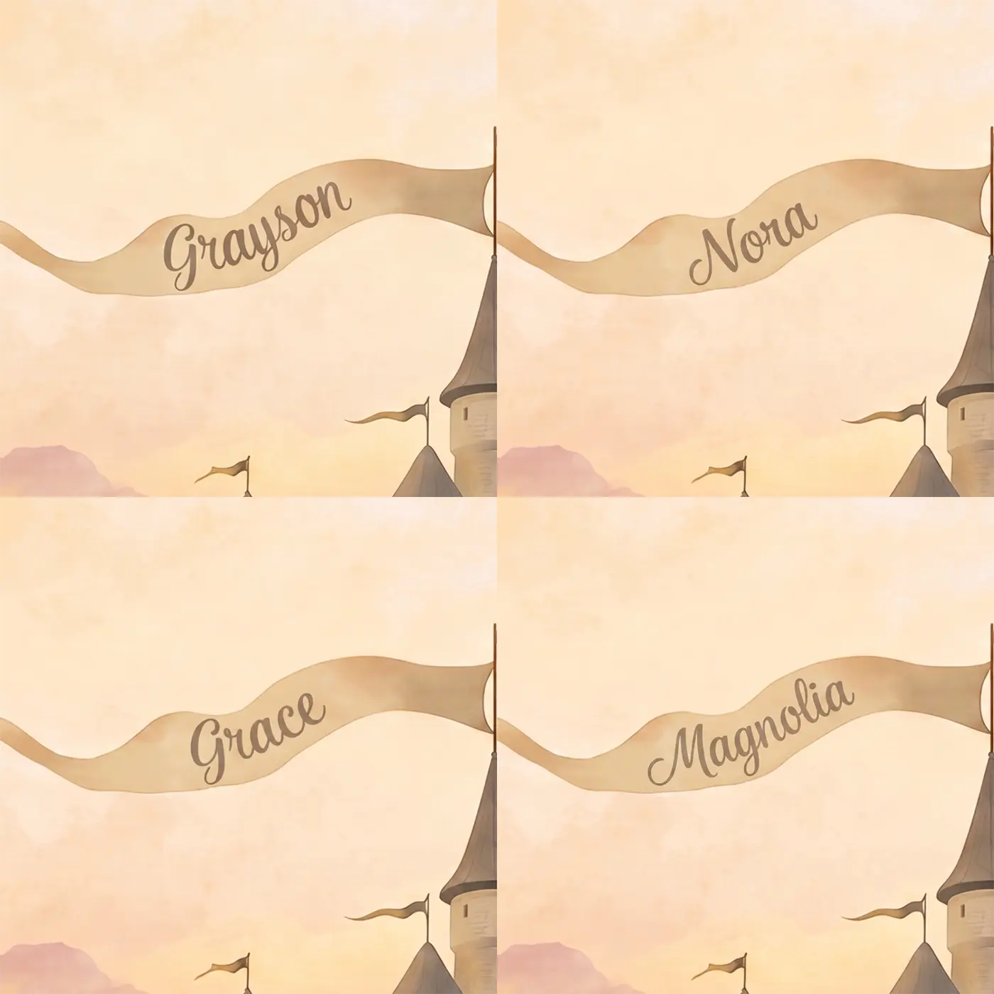 Four name preview examples of Sunrise Castle Tower Personalized Wall Mural by Whimsy Tots