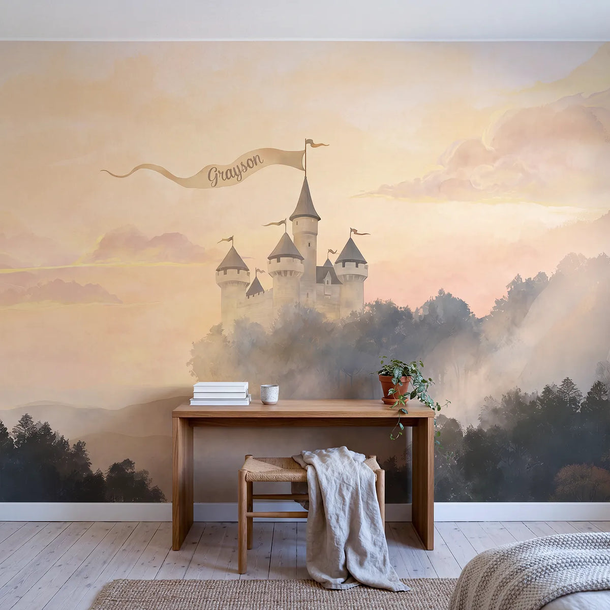 Sunrise Castle Tower Personalized Wall Mural in playroom setting by Whimsy Tots