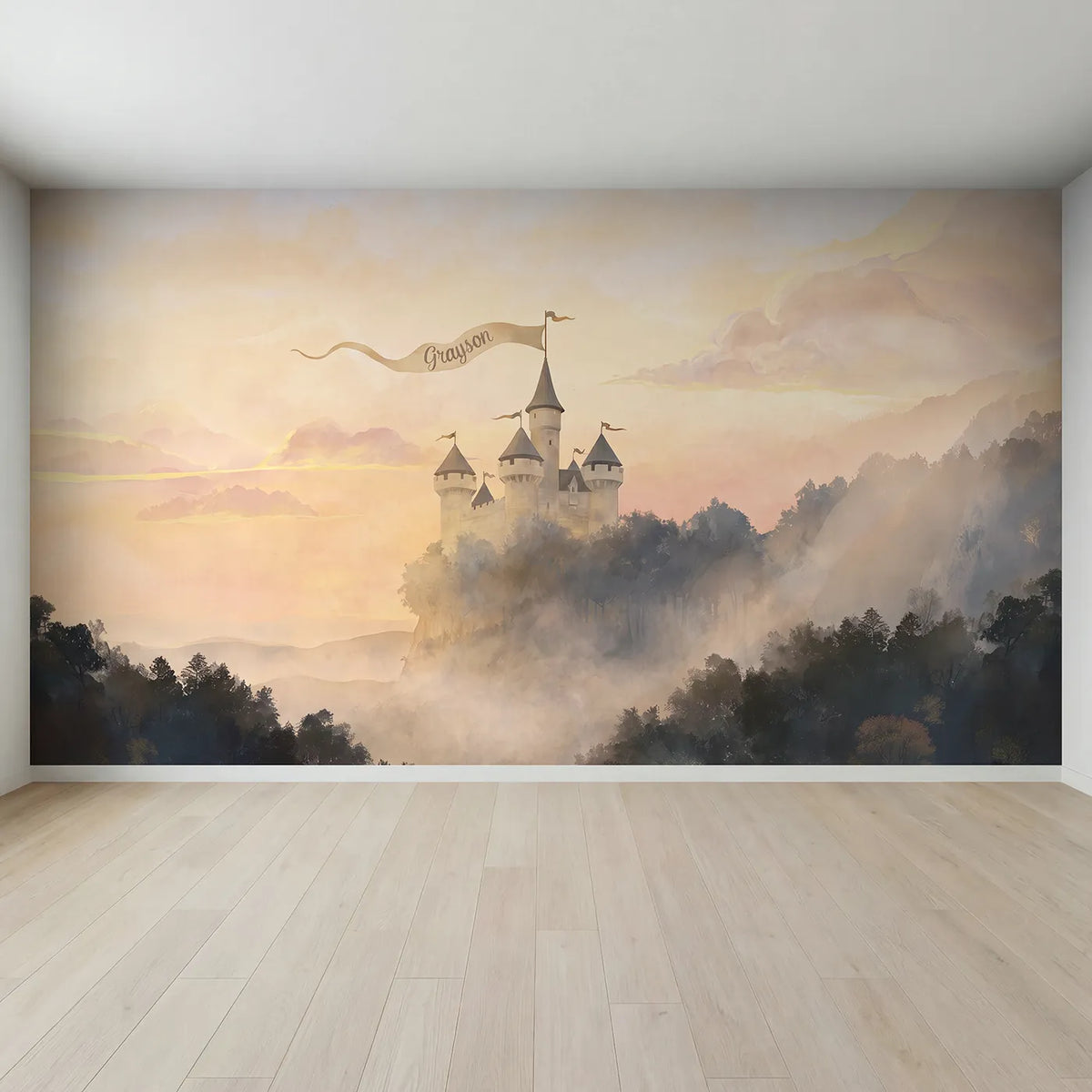 Full view of Sunrise Castle Tower Personalized Wall Mural by Whimsy Tots