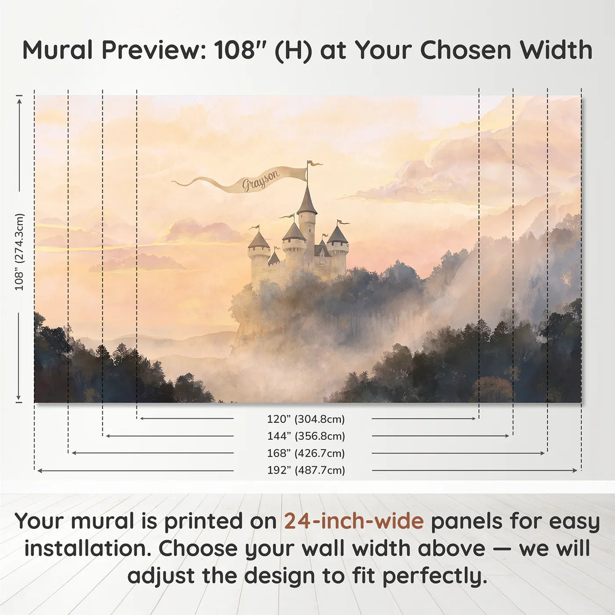 Panel layout and dimensions for Sunrise Castle Tower Personalized Wall Mural by Whimsy Tots