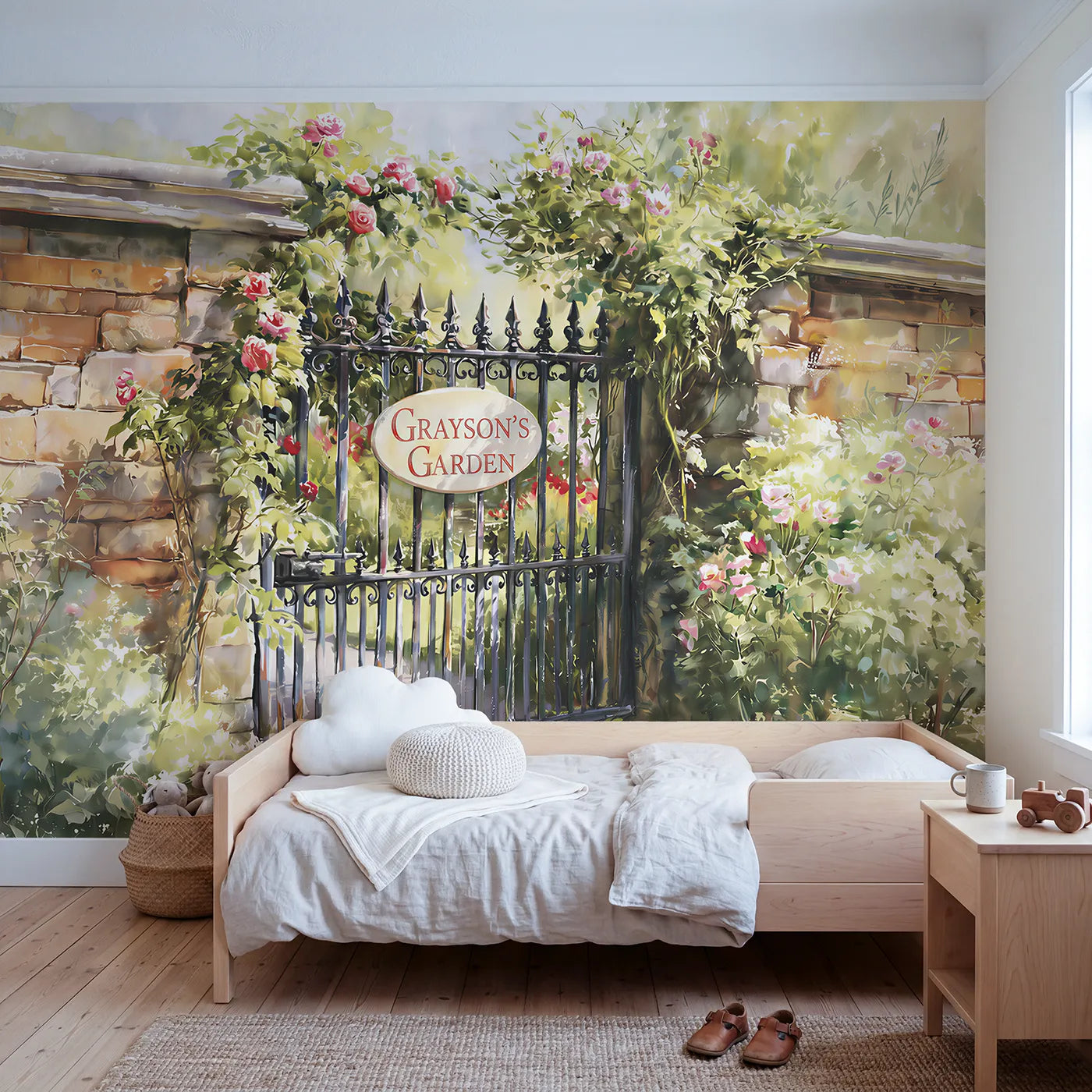 Watercolor rose garden gate personalized wall mural with name plate for a bedroom by Whimsy Tots