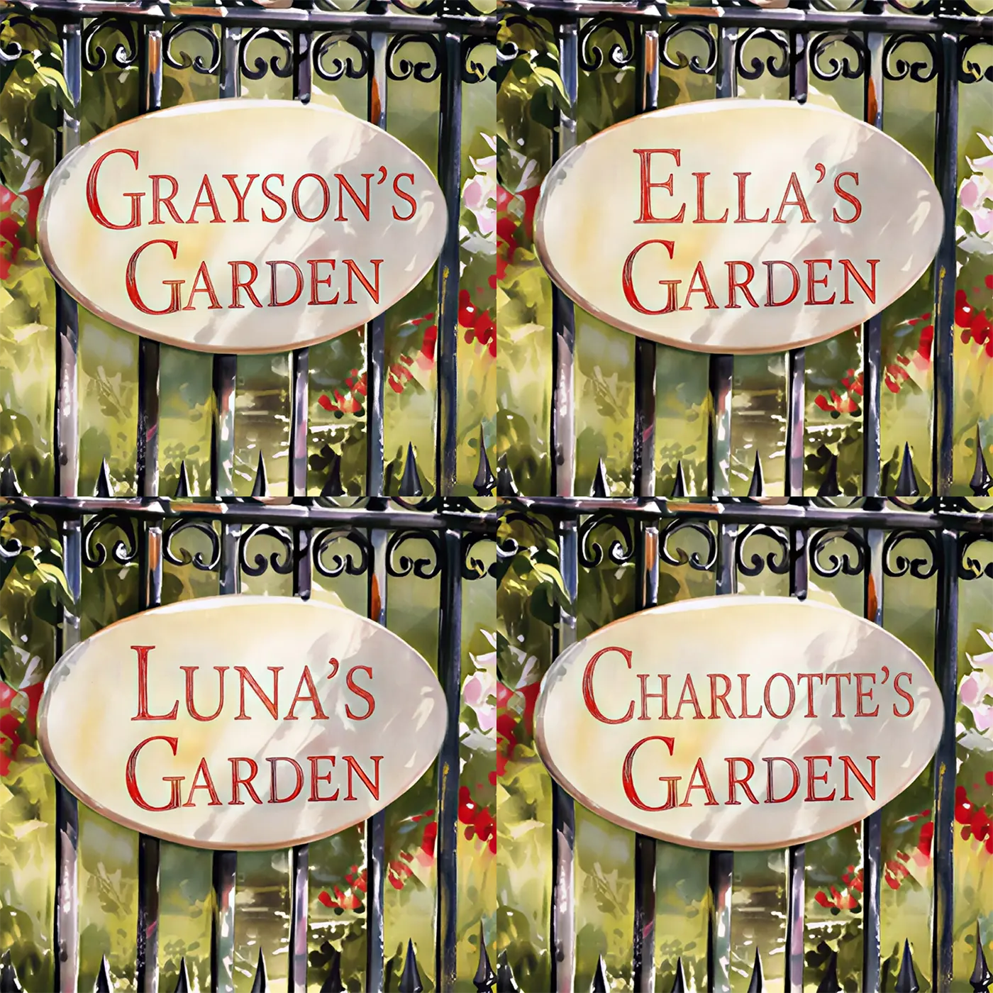 Four name preview examples of Rose Garden Gate Personalized Wall Mural by Whimsy Tots