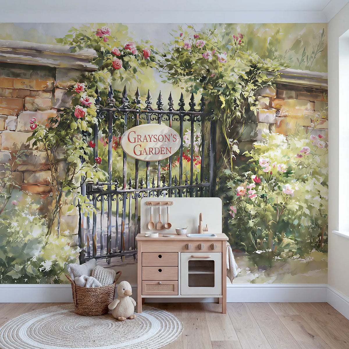 Rose Garden Gate Personalized Wall Mural in playroom setting by Whimsy Tots
