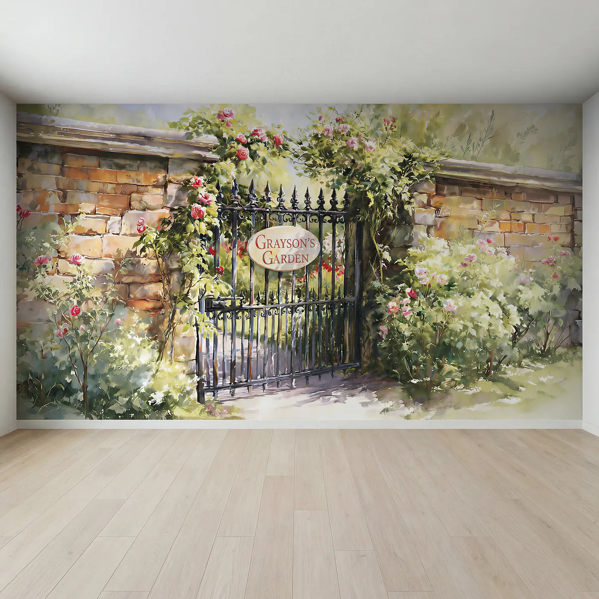 Full view of Rose Garden Gate Personalized Wall Mural by Whimsy Tots