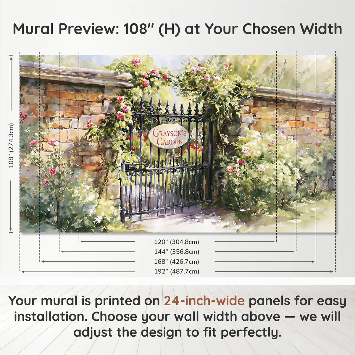 Panel layout and dimensions for Rose Garden Gate Personalized Wall Mural by Whimsy Tots