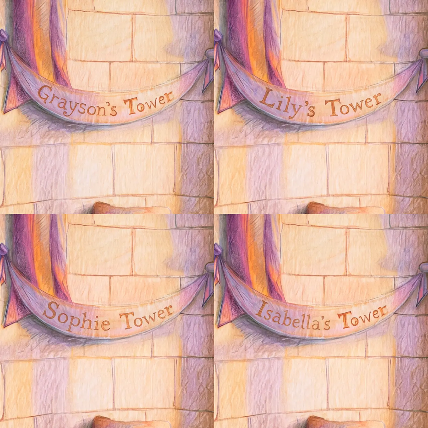 Four name preview examples of Princess Tower Window Personalized Wall Mural by Whimsy Tots
