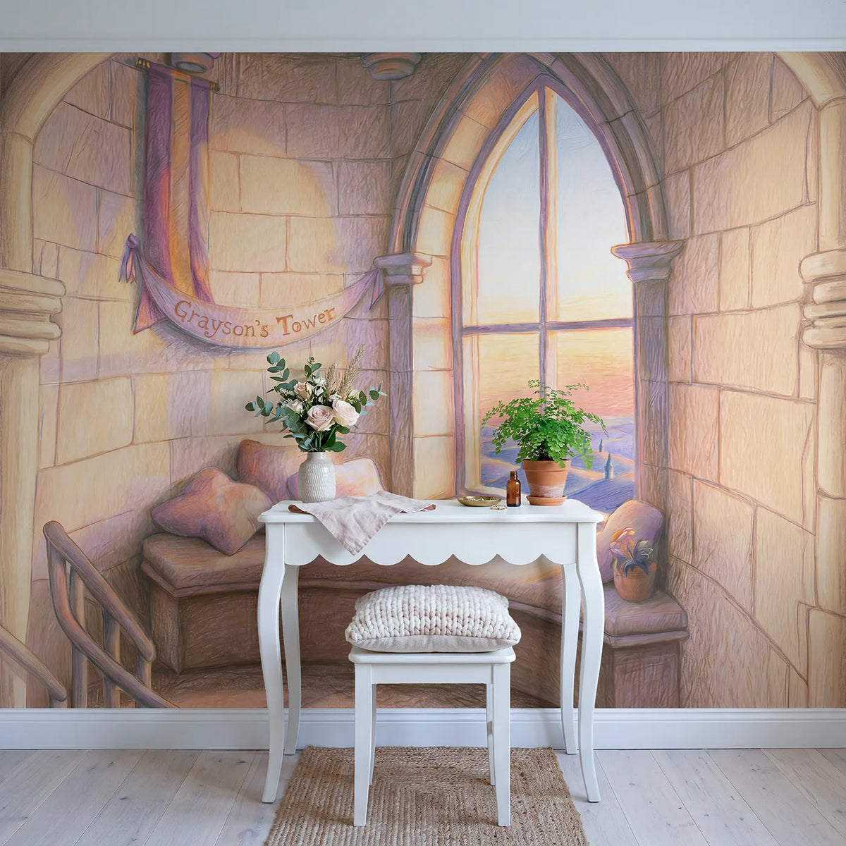 Princess Tower Window Personalized Wall Mural in playroom setting by Whimsy Tots