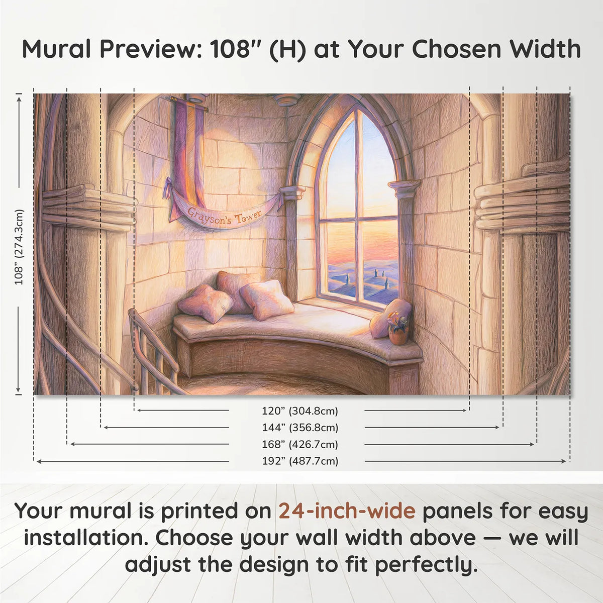 Panel layout and dimensions for Princess Tower Window Personalized Wall Mural by Whimsy Tots