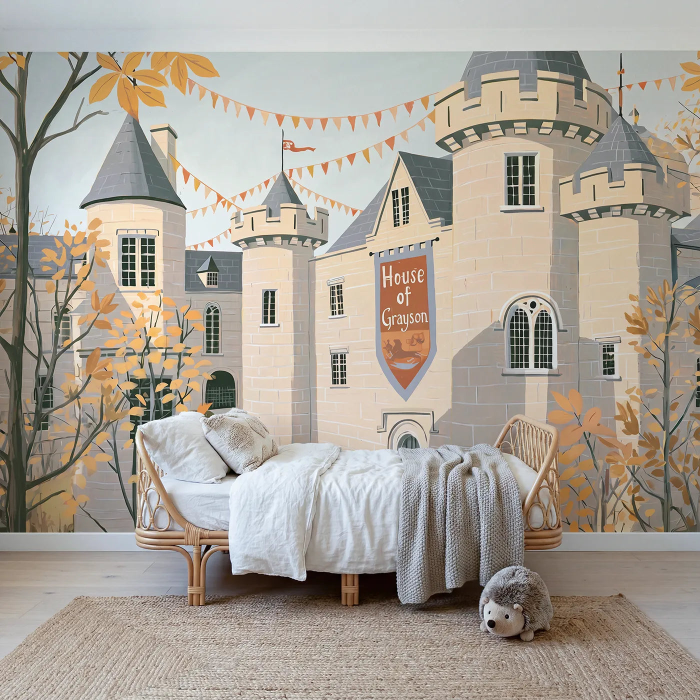 Modern Illustration castle courtyard wall mural with name for a kids room by Whimsy Tots