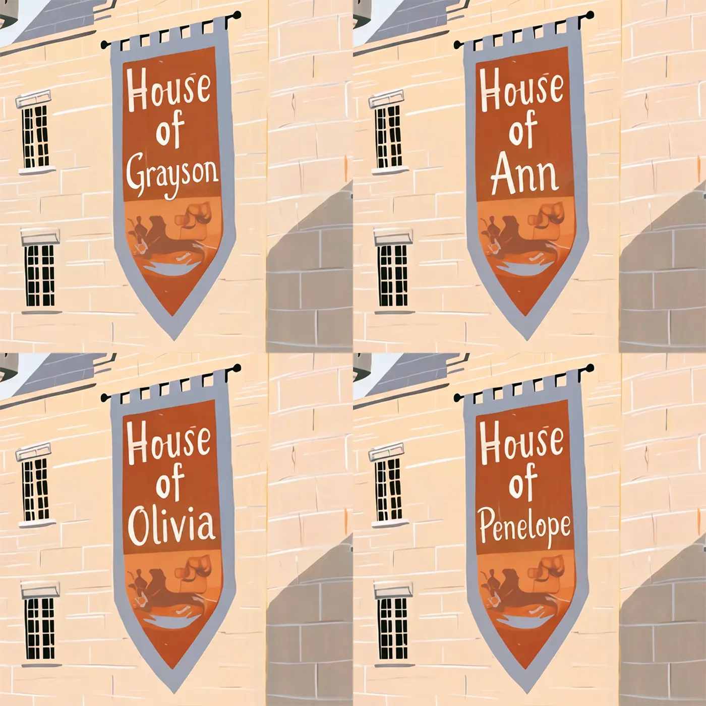 Four name preview examples of Castle Courtyard Banner Personalized Wall Mural by Whimsy Tots