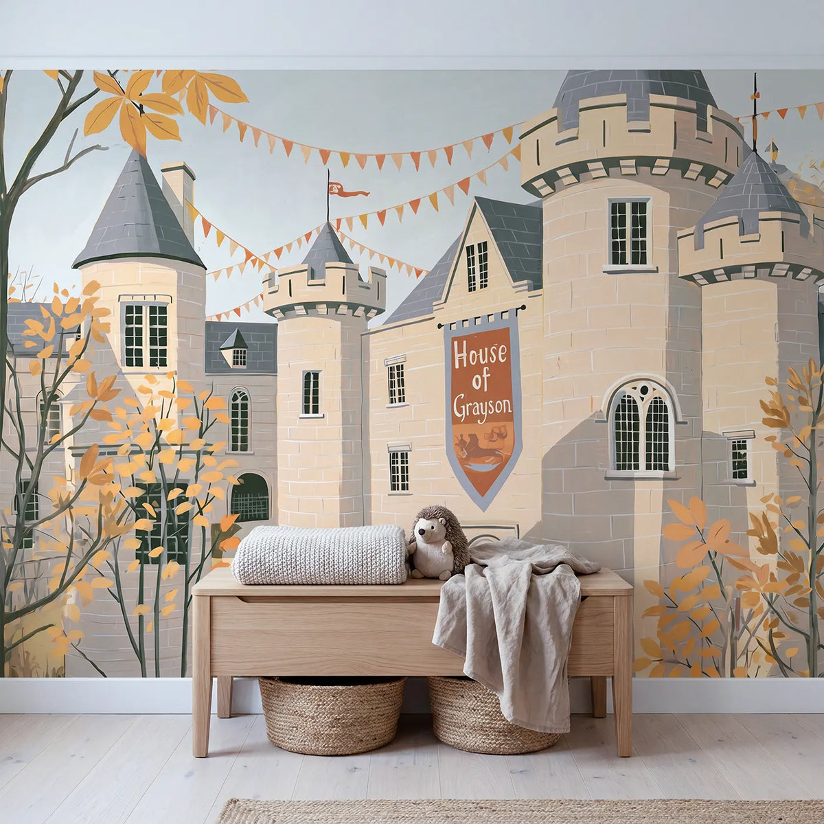 Castle Courtyard Banner Personalized Wall Mural in playroom setting by Whimsy Tots