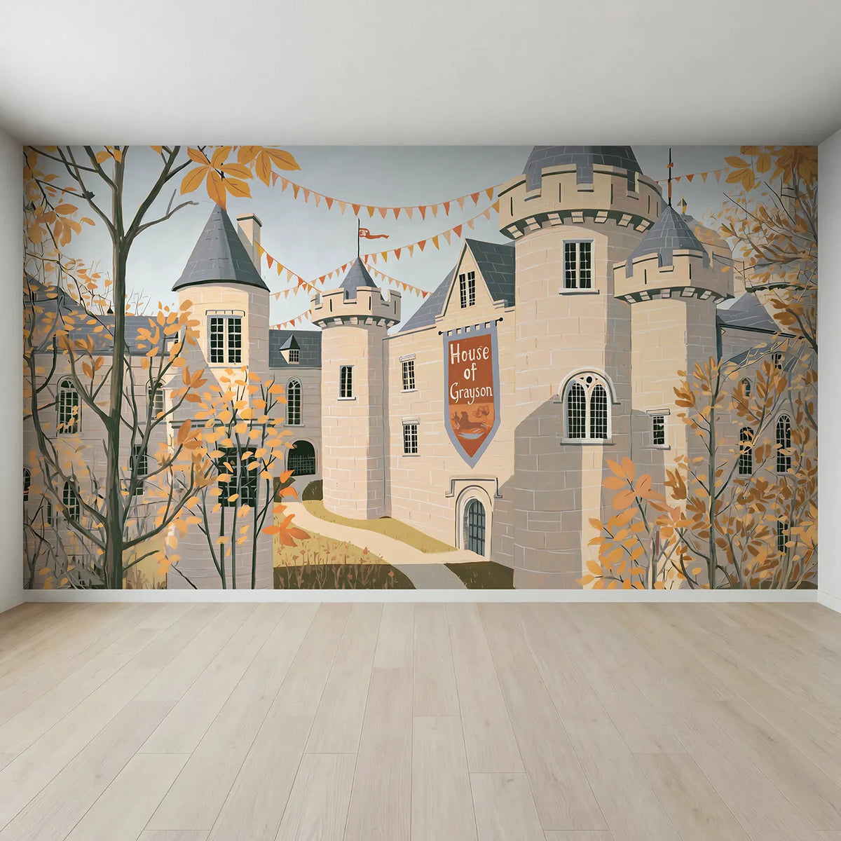 Full view of Castle Courtyard Banner Personalized Wall Mural by Whimsy Tots
