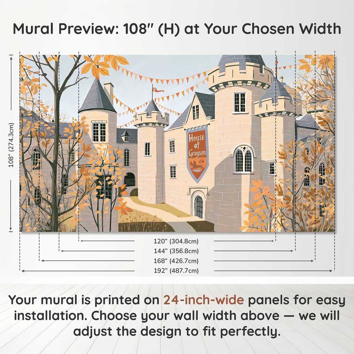 Panel layout and dimensions for Castle Courtyard Banner Personalized Wall Mural by Whimsy Tots