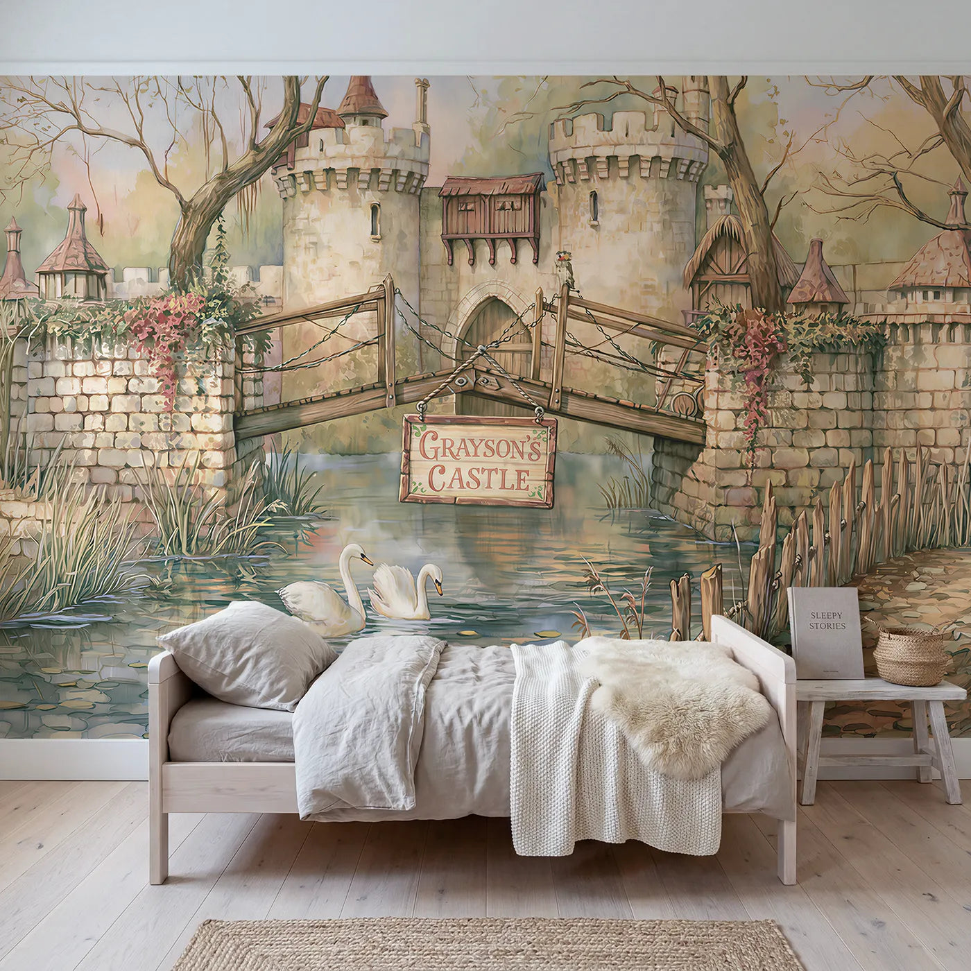 Storybook castle drawbridge personalized wall mural with name sign for a kids room by Whimsy Tots