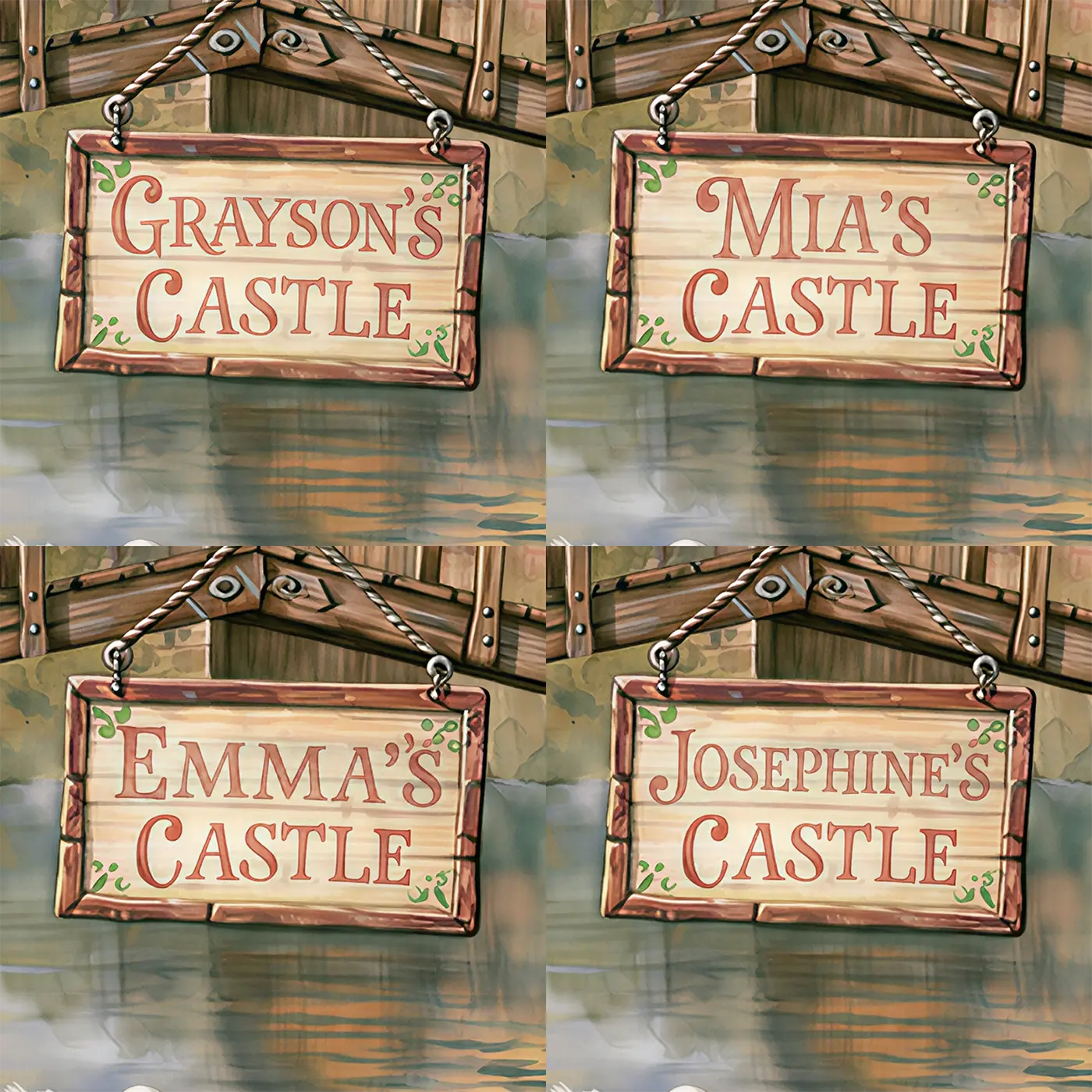 Four name preview examples of Castle Drawbridge Moat Personalized Wall Mural by Whimsy Tots