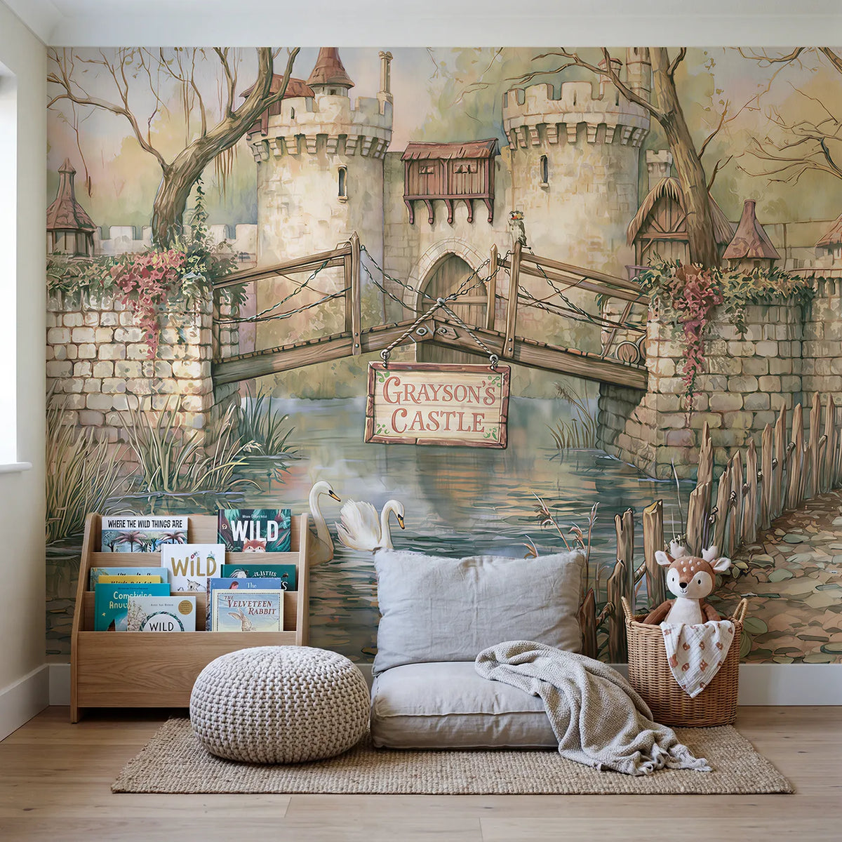 Castle Drawbridge Moat Personalized Wall Mural in playroom setting by Whimsy Tots