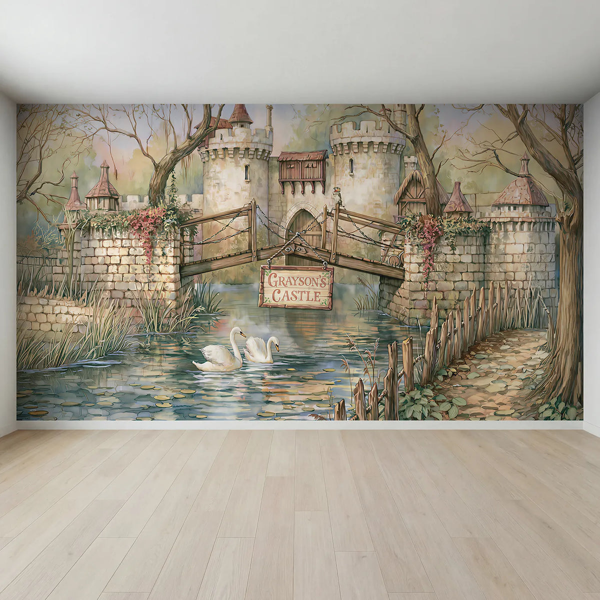 Full view of Castle Drawbridge Moat Personalized Wall Mural by Whimsy Tots