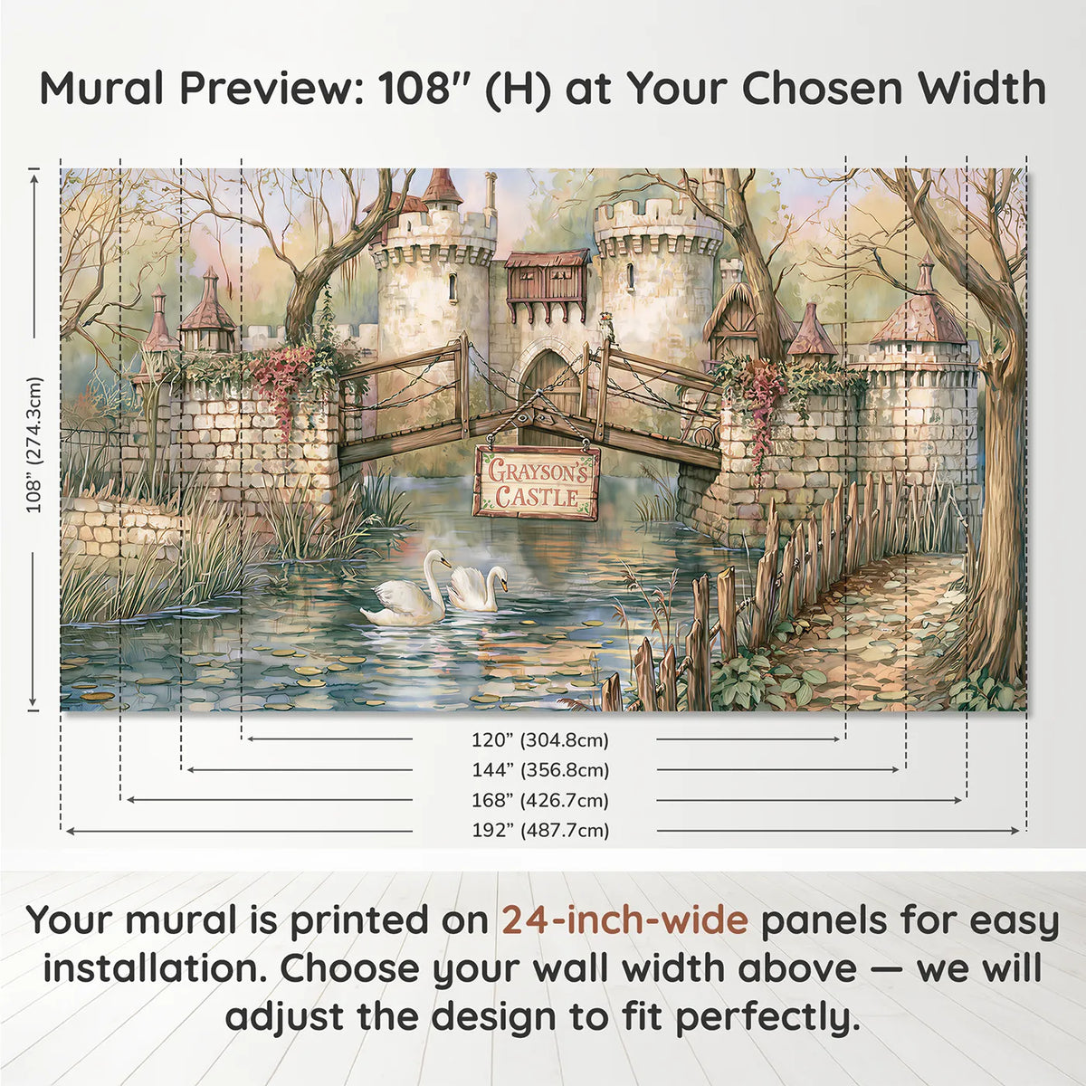 Panel layout and dimensions for Castle Drawbridge Moat Personalized Wall Mural by Whimsy Tots