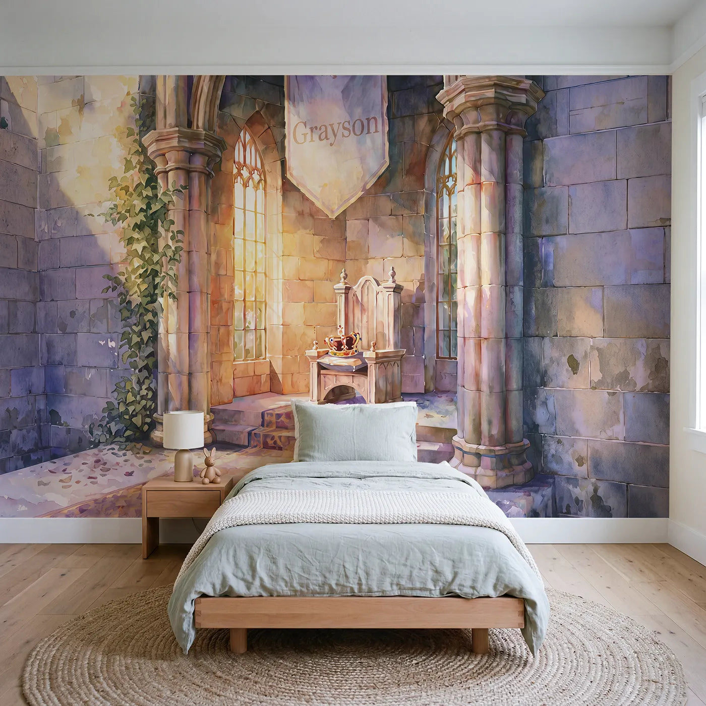 Watercolor throne room personalized wall mural with name banner for kids by Whimsy Tots